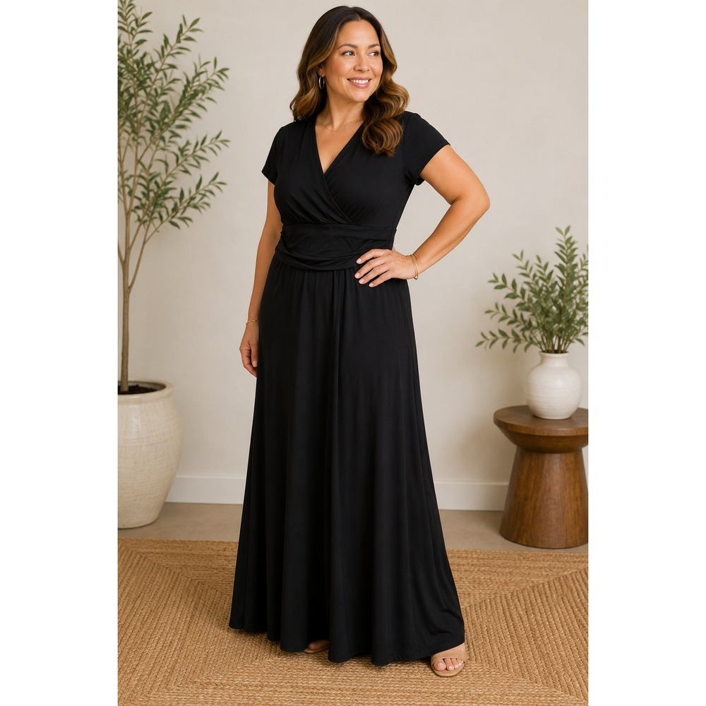 KOH KOH Black Maxi Dress XL Faux Wrap Empire Waist Short Sleeve Stretch Knit